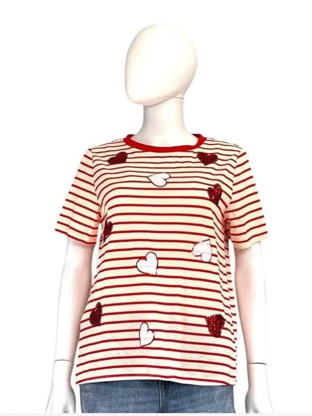 PEACH LOVE CALIFORNIA striped sequin heart tee S M L - Picture 3 of 6